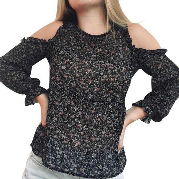 AMERICAN EAGLE BLACK FLORAL SHEER GAUZY COLD SHOULDER BOHO BLOUSE SIZE M… - Picture 1 of 12